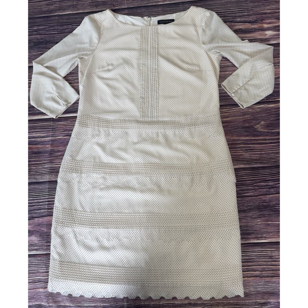 Banana Republic Dress Women’s Size 6 Ivory Blush Black Polka Dot Shift Ruffle